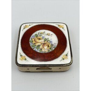 1930s Bliss Bros. Enameled Flowers Yellow Roses Mirror Compact Box Vanity Decor